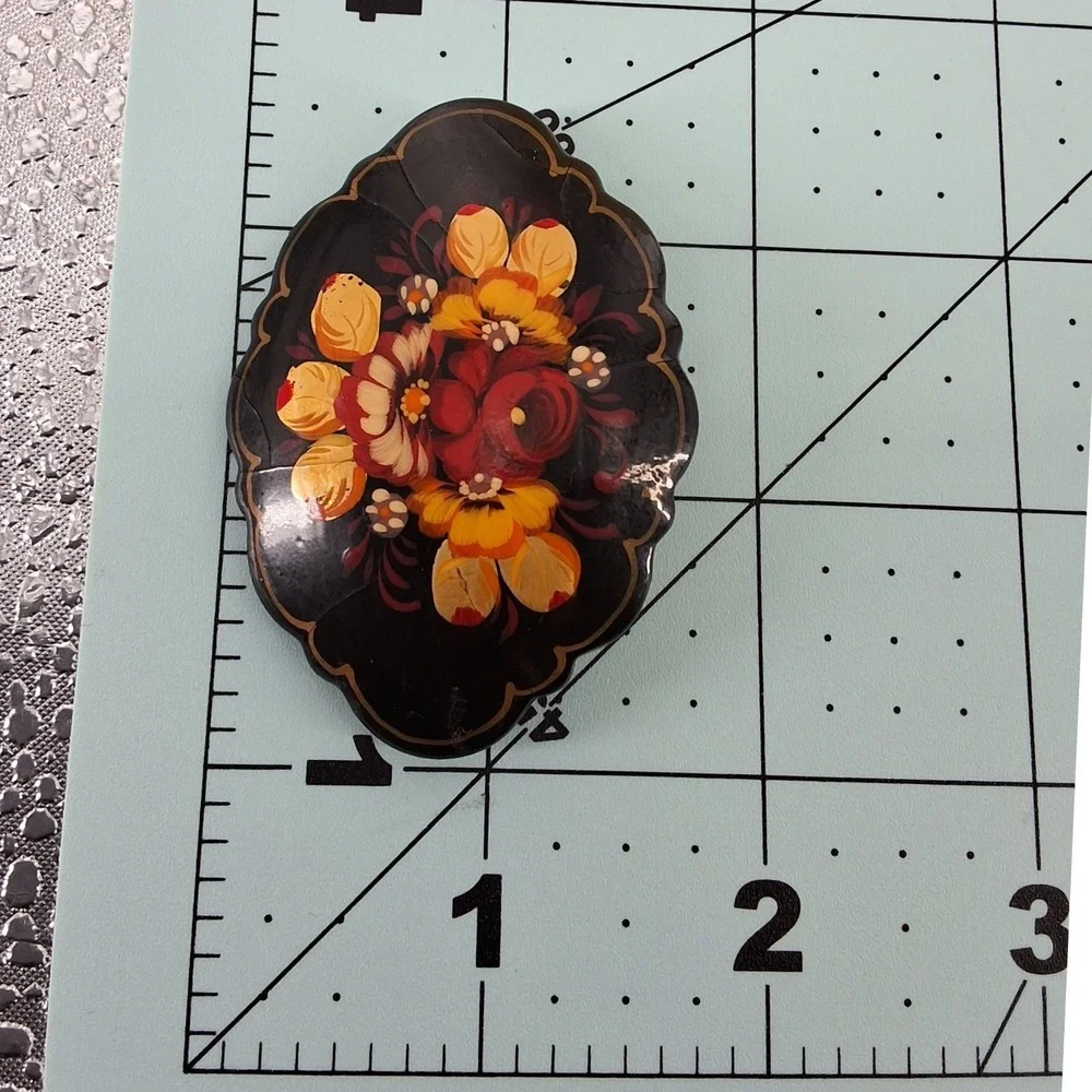 Vintage Russian Lacquer Brooch Hand‎ Painted Floral Zhostovo Signed Black Pin